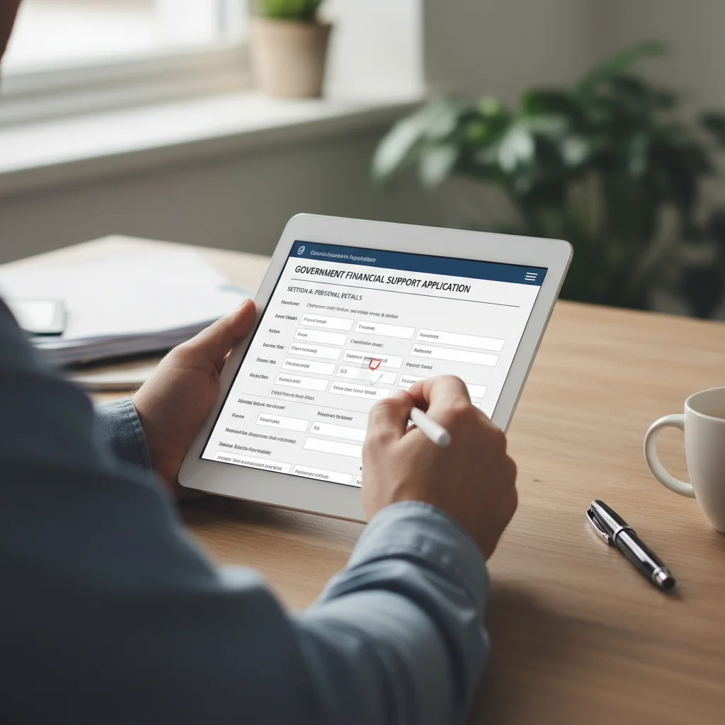 Person filling out child benefit application form on a tablet, highlighting the claiming process.