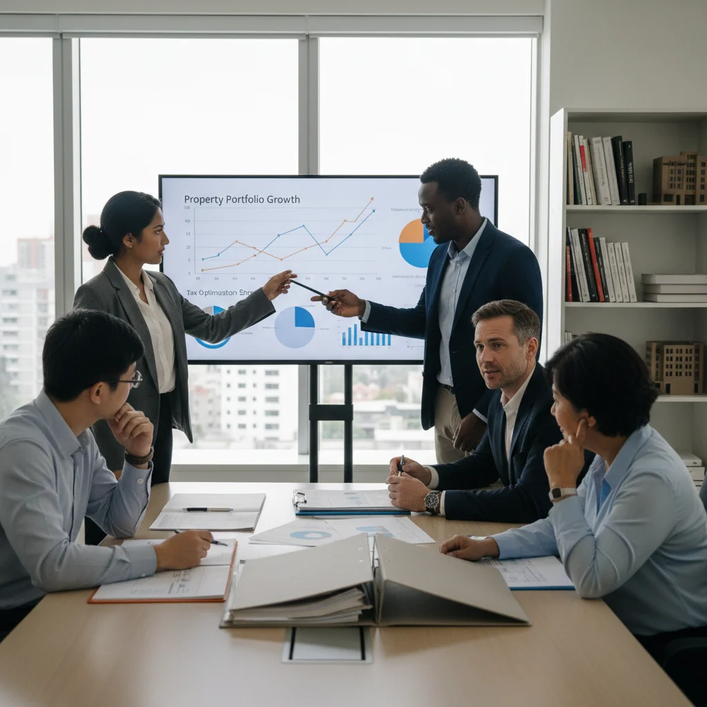 Property investors consulting a financial advisor about UK buy-to-let strategies.