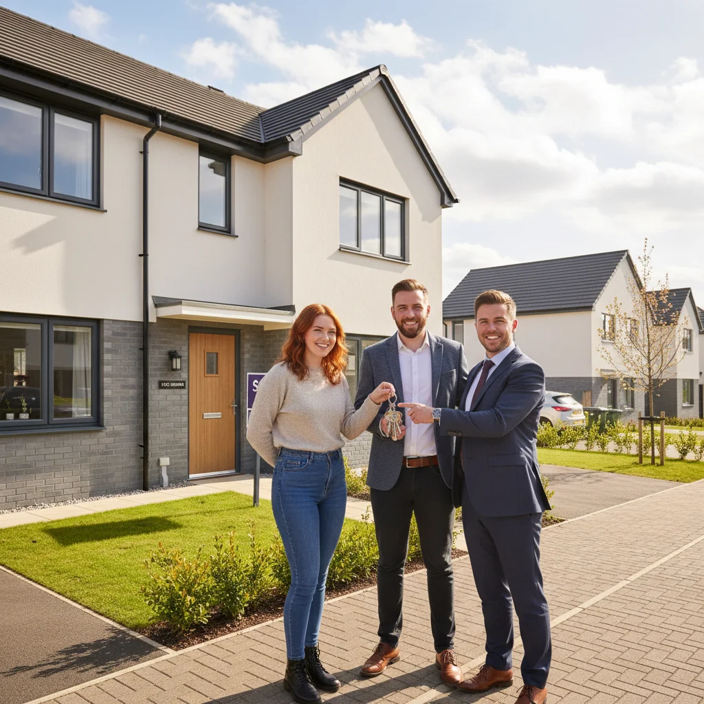 First-time buyers receiving keys to their new home through a government scheme.
