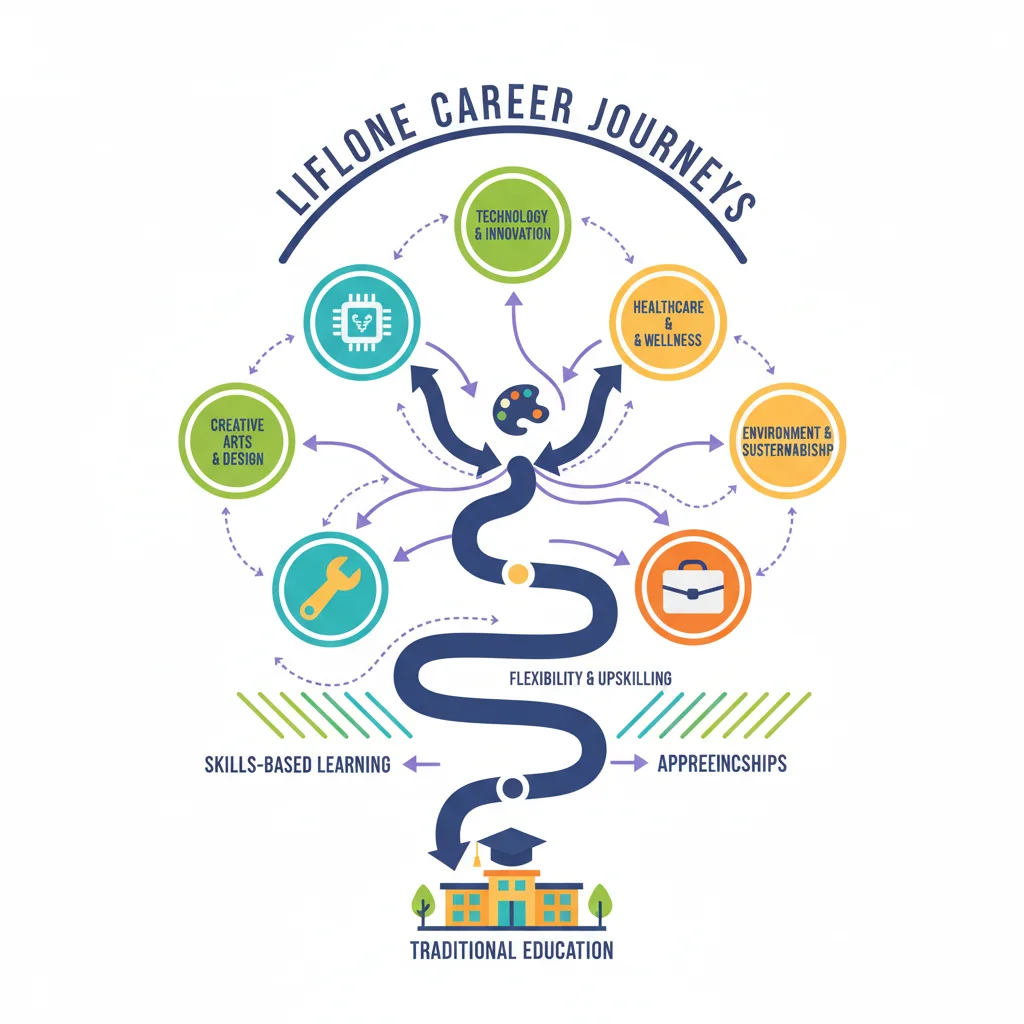 Illustration of flexible learning pathways and skill development for career progression.