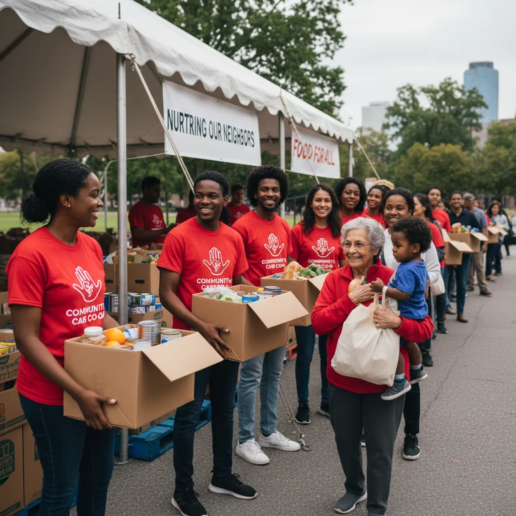 Volunteers distributing food at a community food bank.