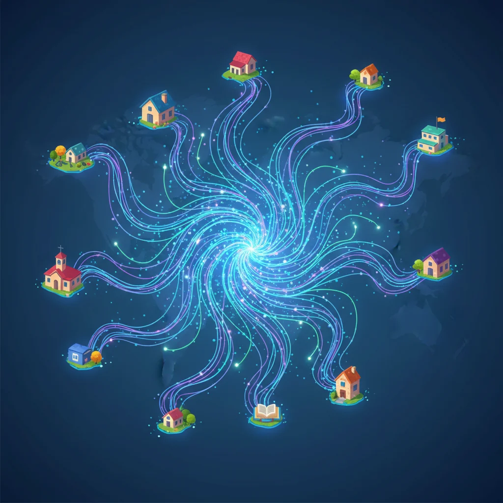 Abstract illustration of global internet network extending to homes and communities.