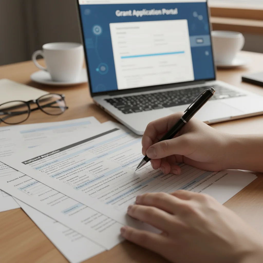Hands meticulously filling out a grant application form, emphasizing detail and precision in the funding process.
