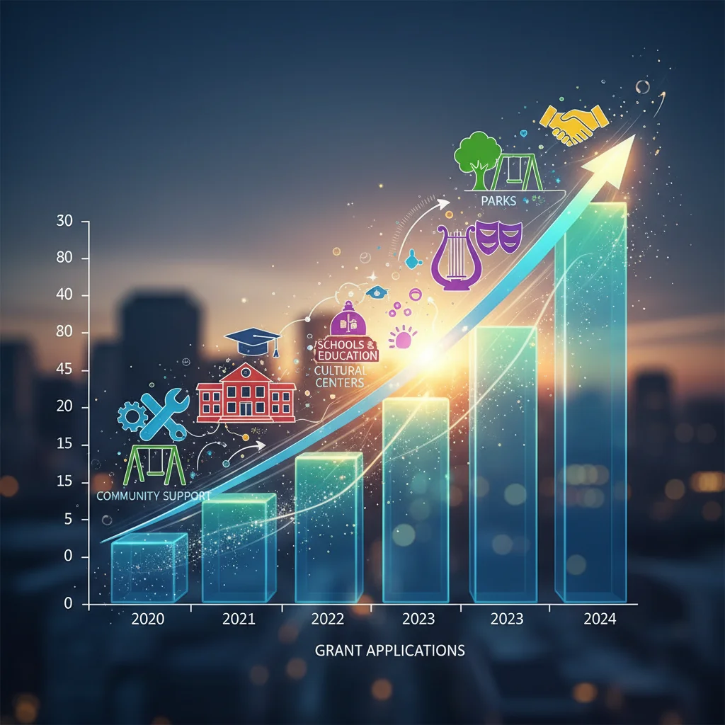 Upward bar chart illustrating a 40% increase in community project grant applications, with vibrant icons of diverse local initiatives.