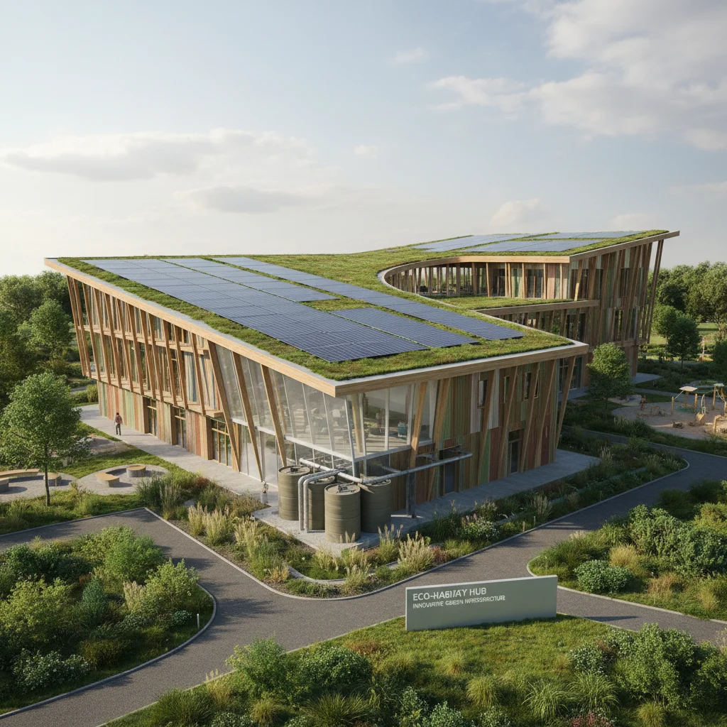 Modern community building with solar panels and rainwater harvesting, showcasing green infrastructure.