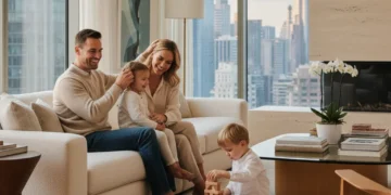 Happy family enjoying time together in their living room, representing financial stability and child benefit support.