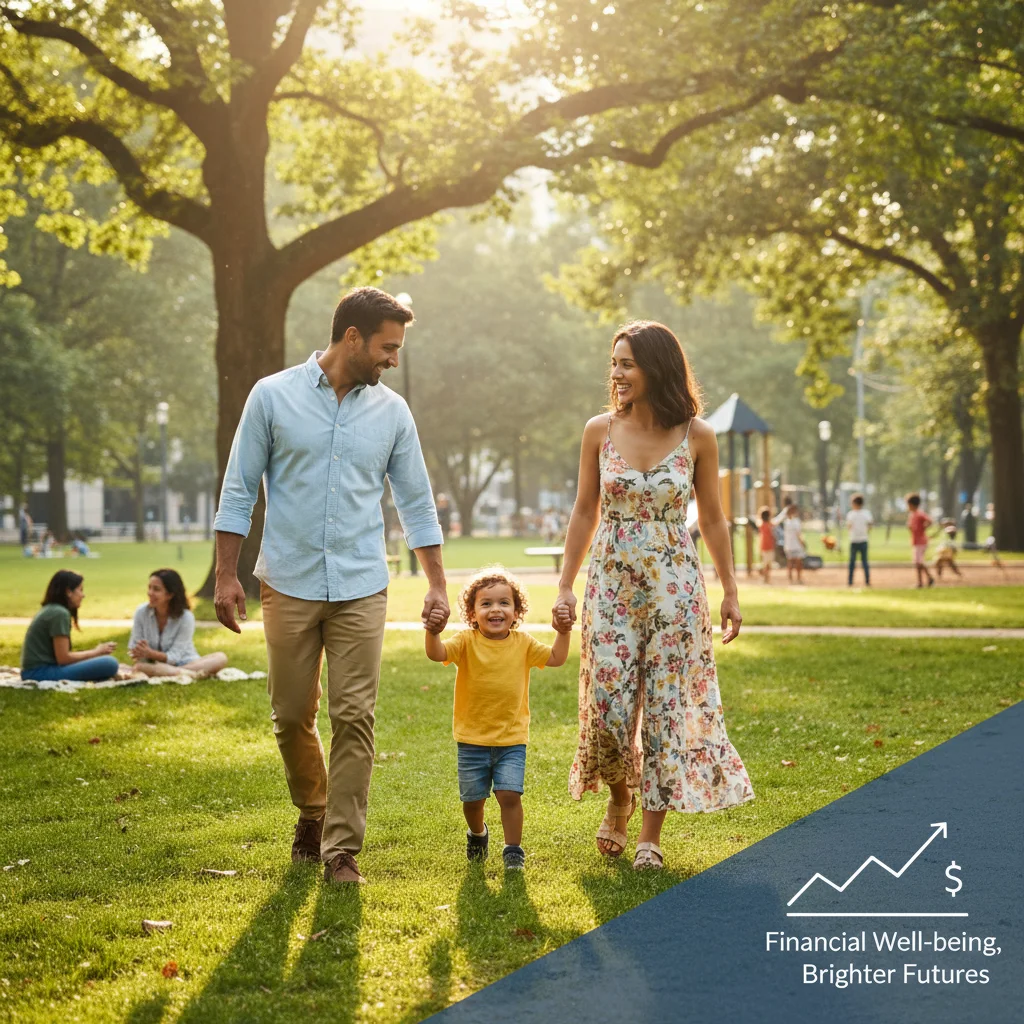 Happy family walking in park, benefiting from child support