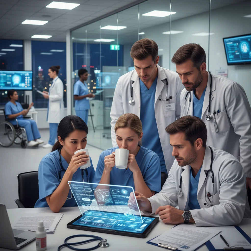 Healthcare professionals working together in a hospital, illustrating medical staff shortages.