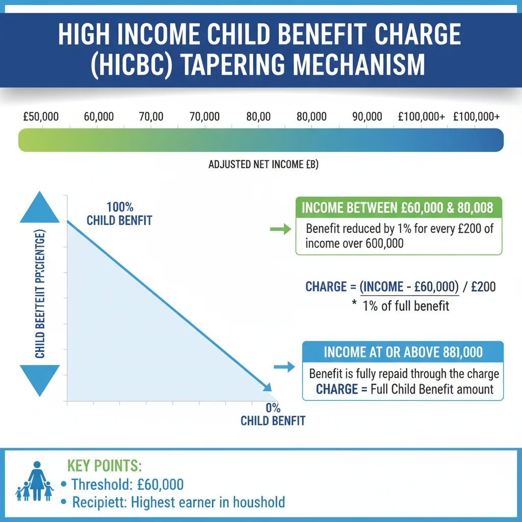 Infographic explaining the High Income Child Benefit Charge tapering for Child Benefit claims.