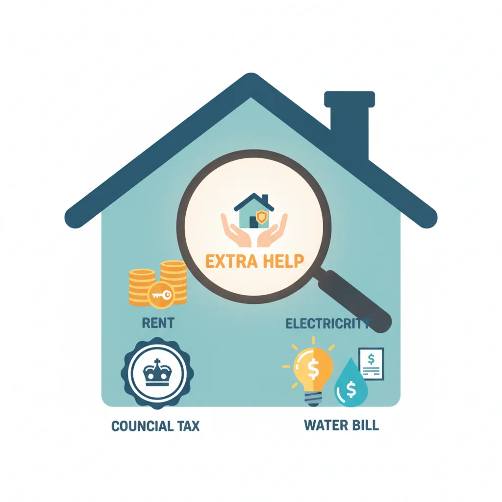 Icons representing rent, council tax, and housing costs with a magnifying glass for extra help.