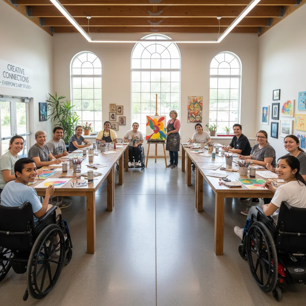 Diverse group in art class in accessible community building
