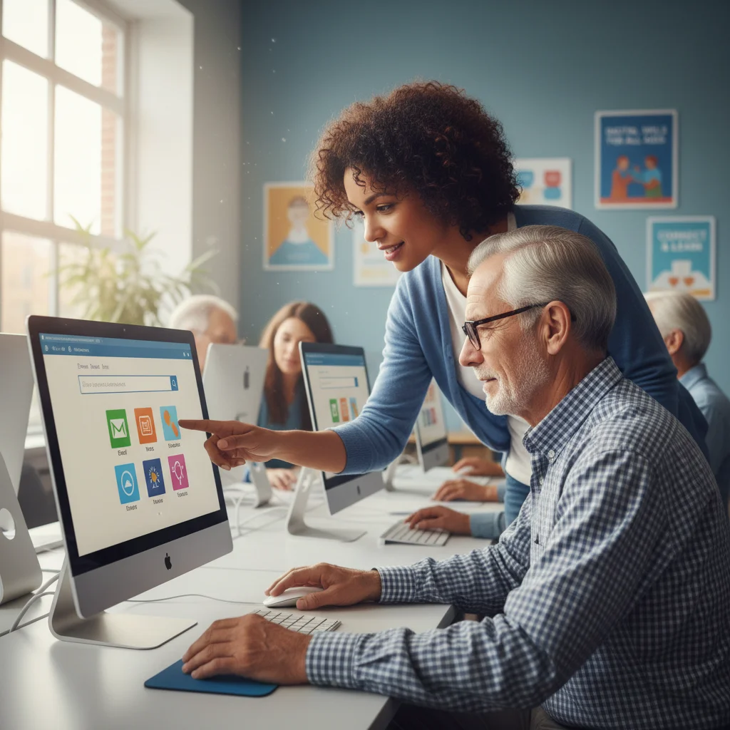 Instructor helping senior with computer basics