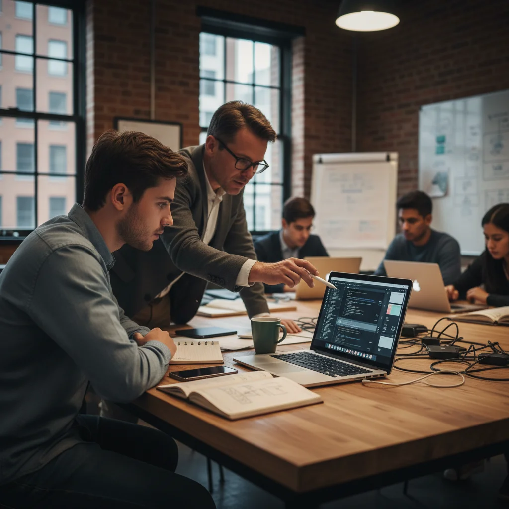Intensive learning in a digital bootcamp with a mentor providing guidance.