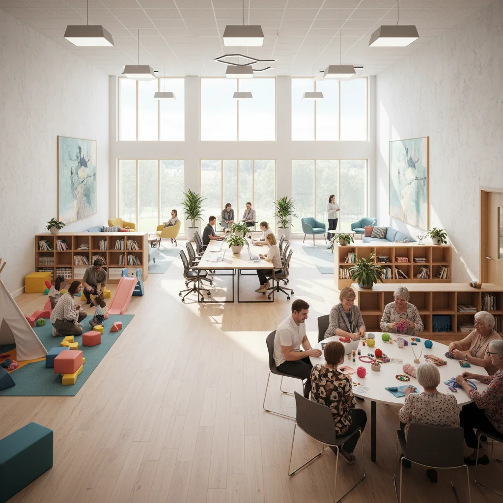 Diverse community activities inside a new multi-purpose UK hub