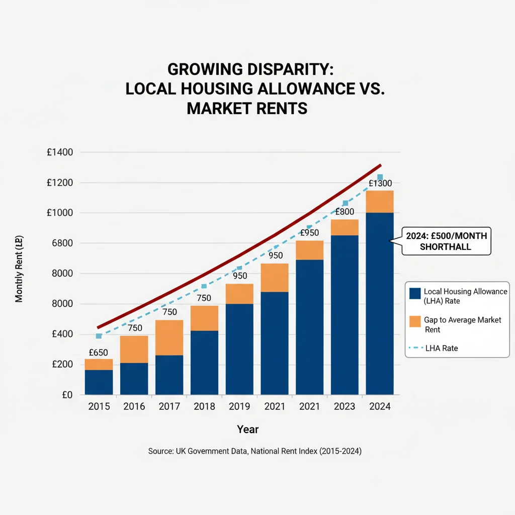 Bar chart comparing LHA rates to market rents over time.
