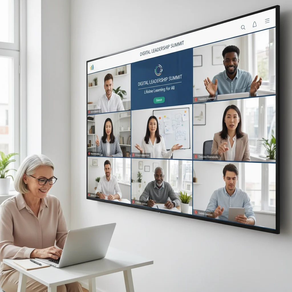 Diverse professionals engaging in online lifelong learning and digital skills training.