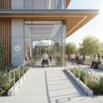 Modern community centre entrance with wide ramp for wheelchair access