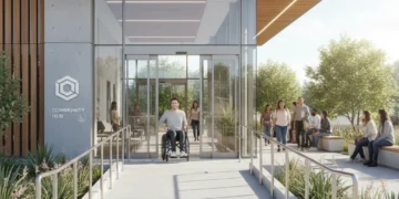 Modern community centre entrance with wide ramp for wheelchair access