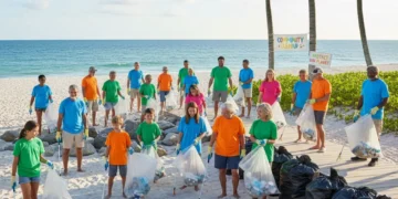Volunteers actively participating in National Clean-Up Day, collecting rubbish in a park.