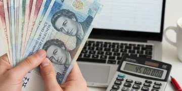 Hand holding British pound notes with a calculator and budget spreadsheet.