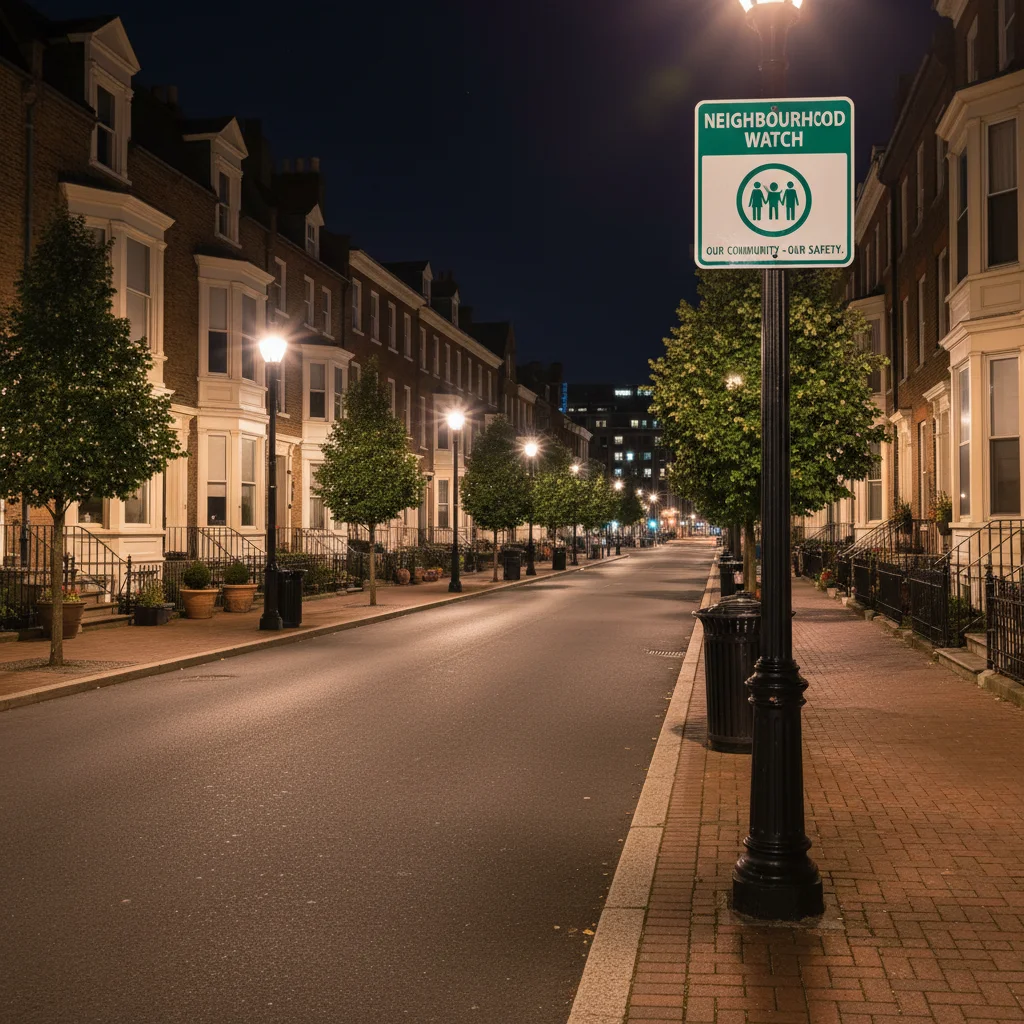 Well-lit street with a clear 'Neighbourhood Watch' sign, indicating community safety efforts.