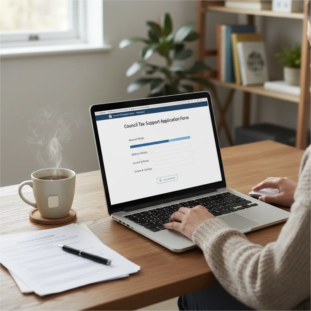 Person completing online application for Council Tax Support on a laptop.