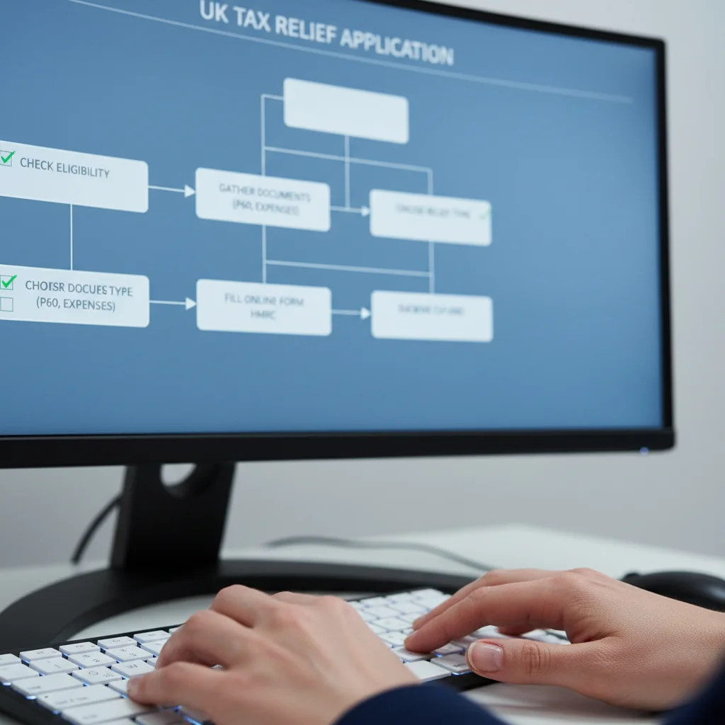 Hands typing on keyboard, following an online checklist for claiming UK tax relief.