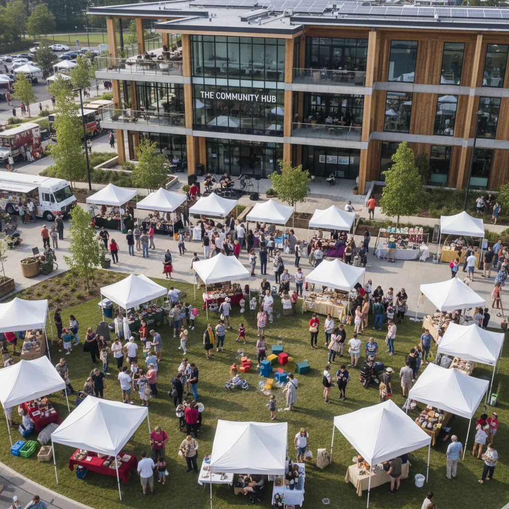 Outdoor community market thriving next to a new UK community hub