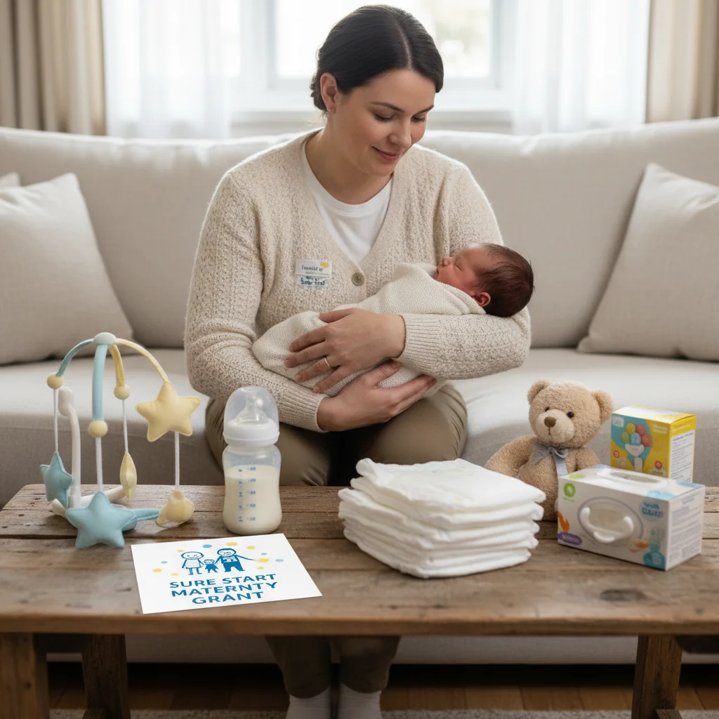 Parent cradling a baby with baby essentials, showing how the grant helps with new baby costs.