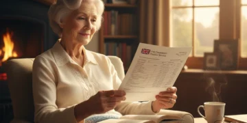 Elderly person reviewing Pension Credit documents with a warm, reassuring expression