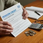 Pension Credit Boost: Claim Your Extra £3,900 Annually Senior hands holding Pension Credit leaflet, calculator, and coins, symbolising financial planning.
