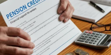 Senior hands holding Pension Credit leaflet, calculator, and coins, symbolising financial planning.
