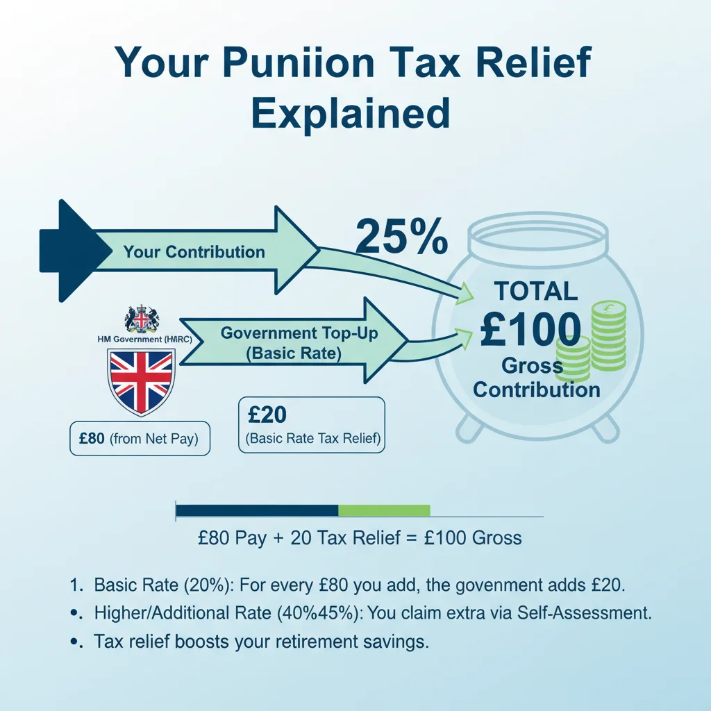Infographic illustrating UK pension tax relief mechanisms and benefits.
