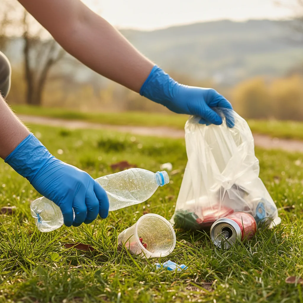 Hands in gloves picking up plastic waste during a community clean-up.