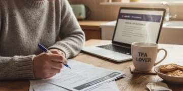 Thoughtful person reviewing PIP application forms at home.