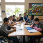 PIP Reassessment Streamlining: New Regulations Explained Diverse group of disabled individuals reviewing documents, discussing PIP reassessment changes.