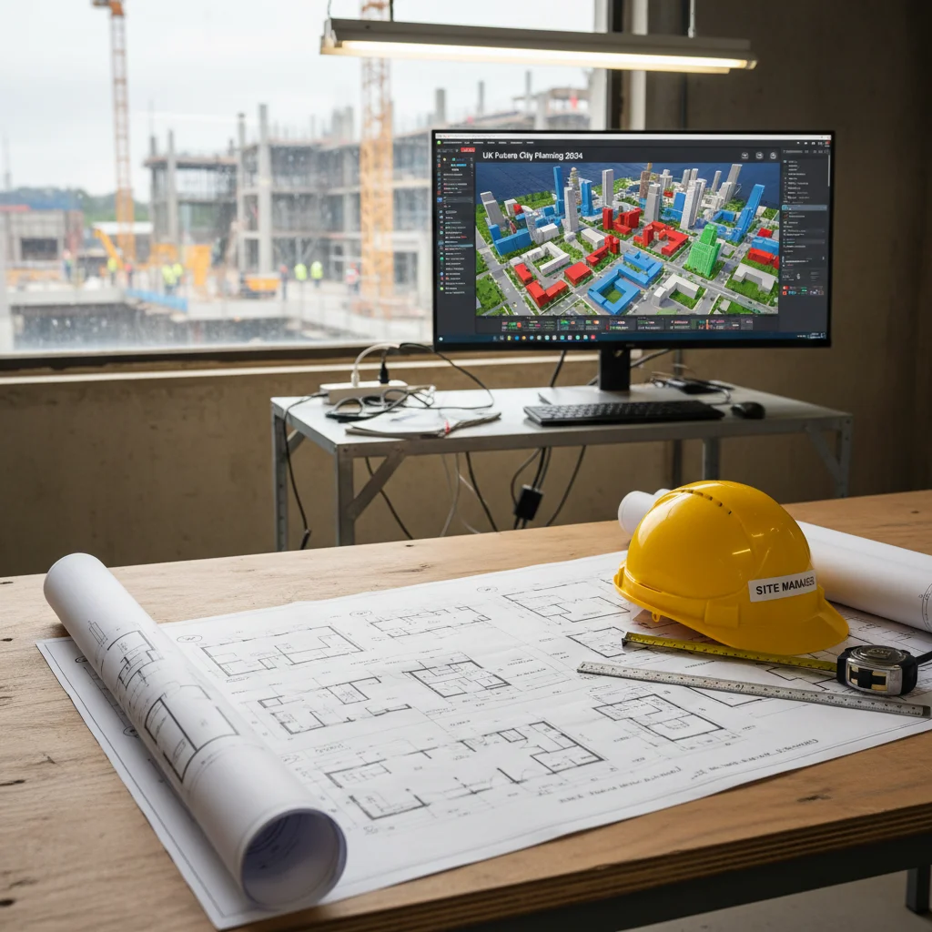 Architectural plans and construction equipment representing UK planning implementation.
