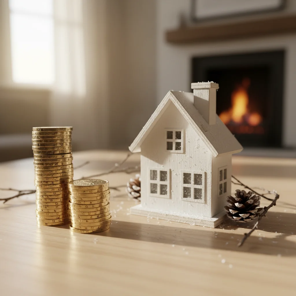 Stack of pound coins next to house model, representing financial aid for heating.
