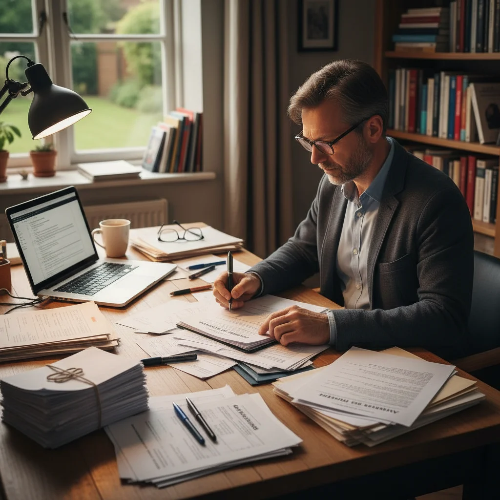 Person meticulously preparing documents for a benefits assessment