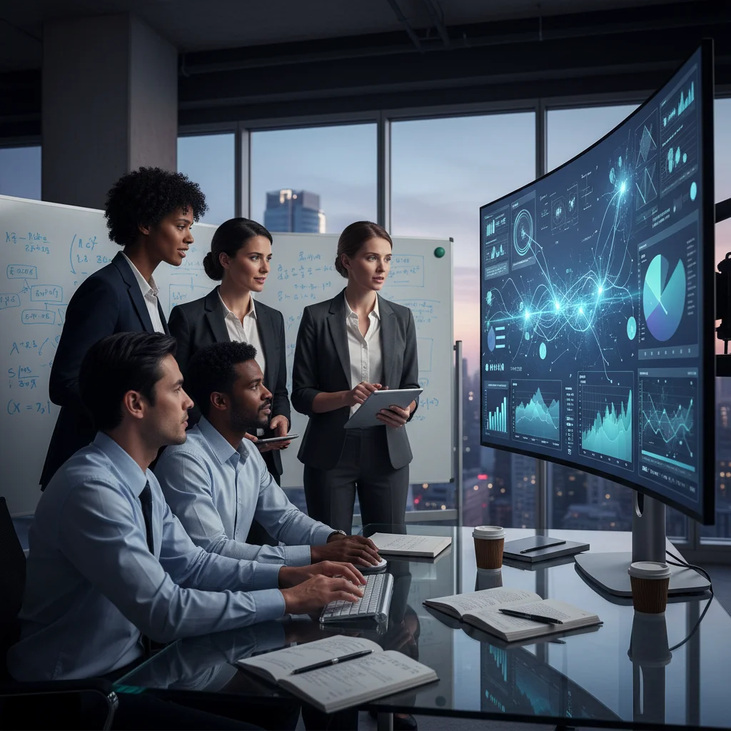 Professionals collaborating around data visualisations in an office.