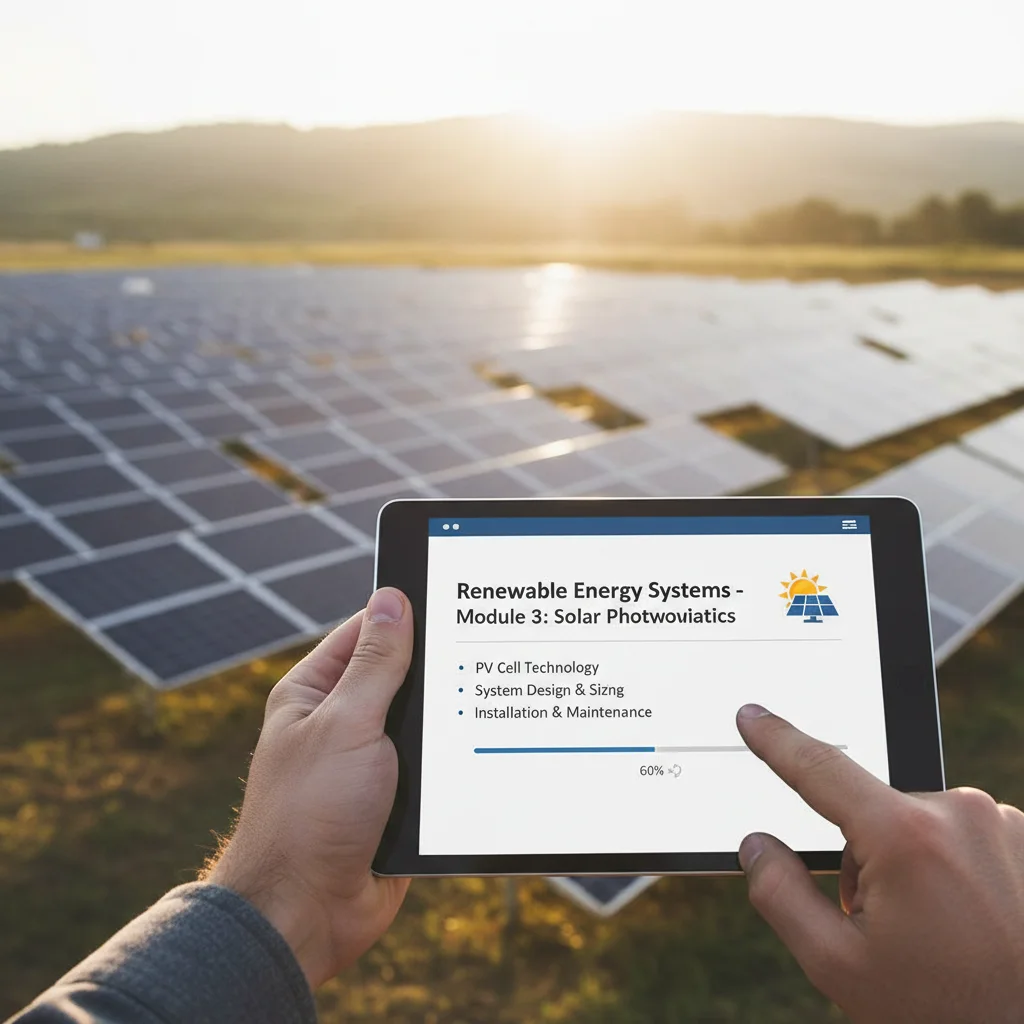 Tablet showing renewable energy course, symbolising green skills development.