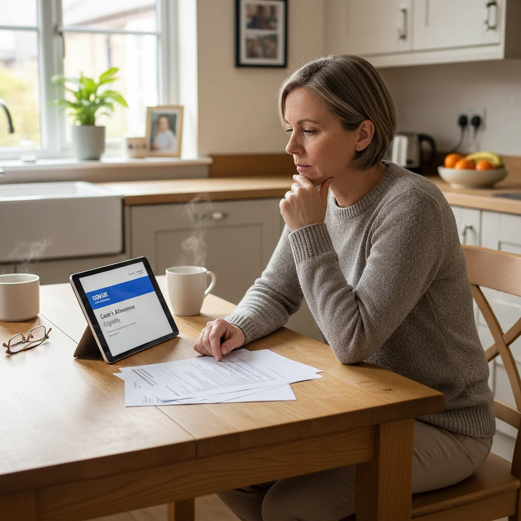 Person researching Carer's Allowance eligibility on a tablet at home.