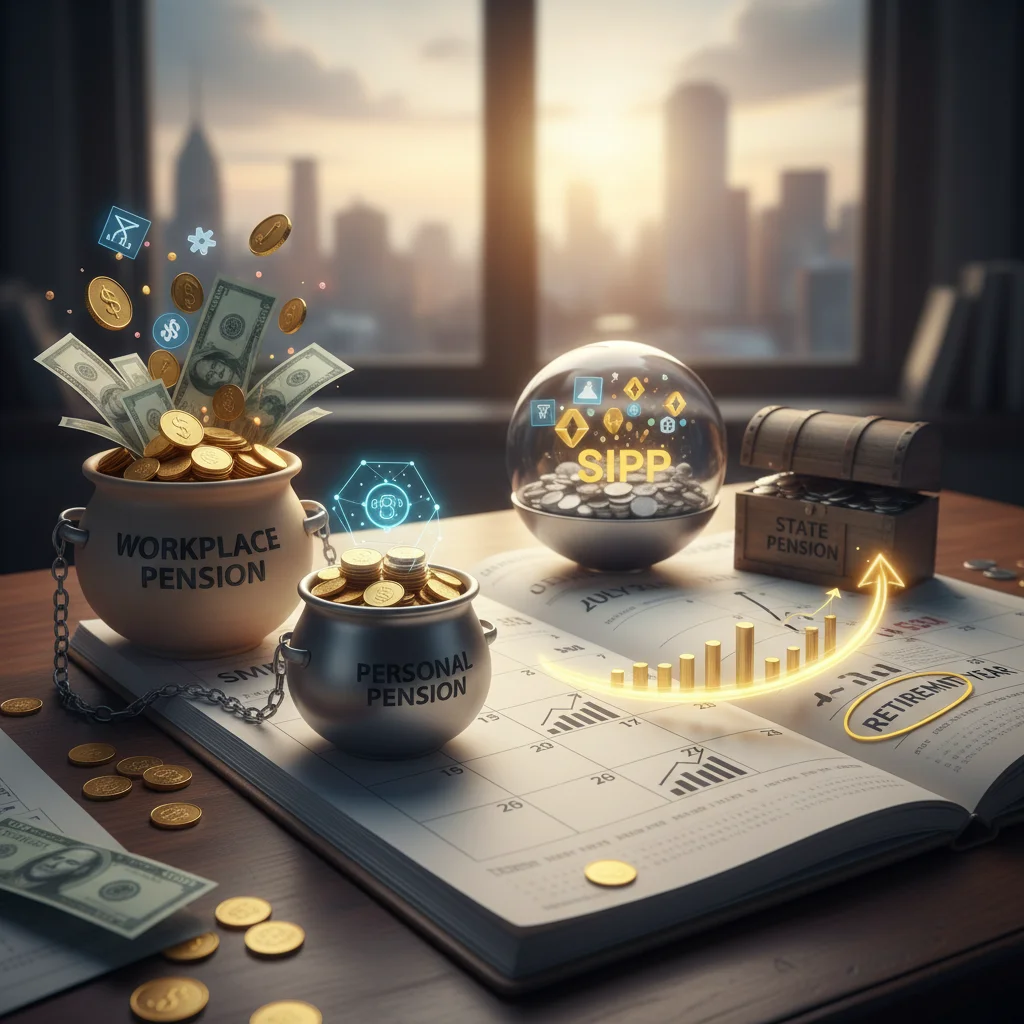 Diverse pension pots and a calendar, representing long-term retirement savings strategy.