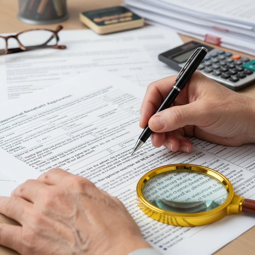 Hands reviewing complex benefit application form, highlighting attention to detail.