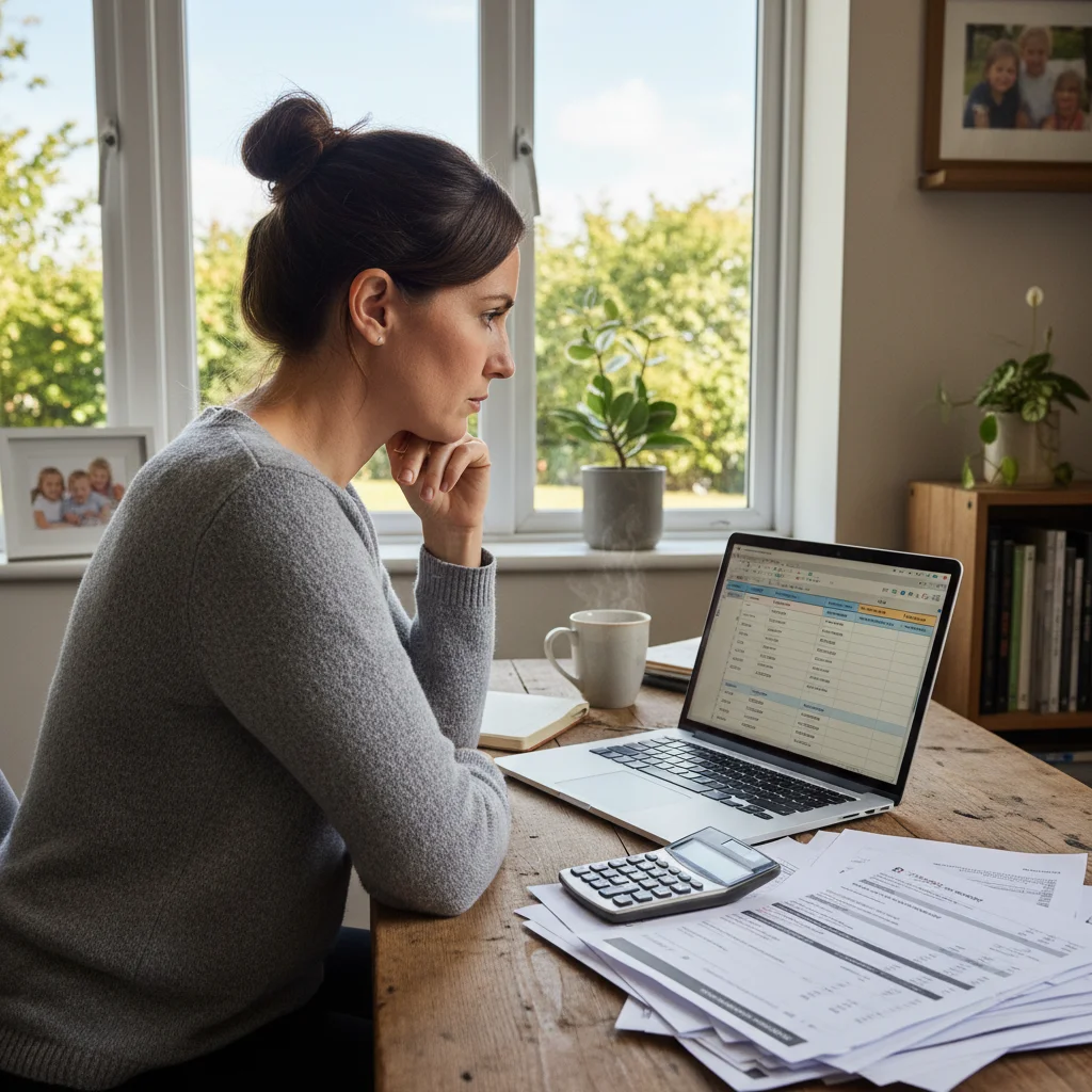 Person reviewing financial documents and calculating Child Benefit implications on a laptop.