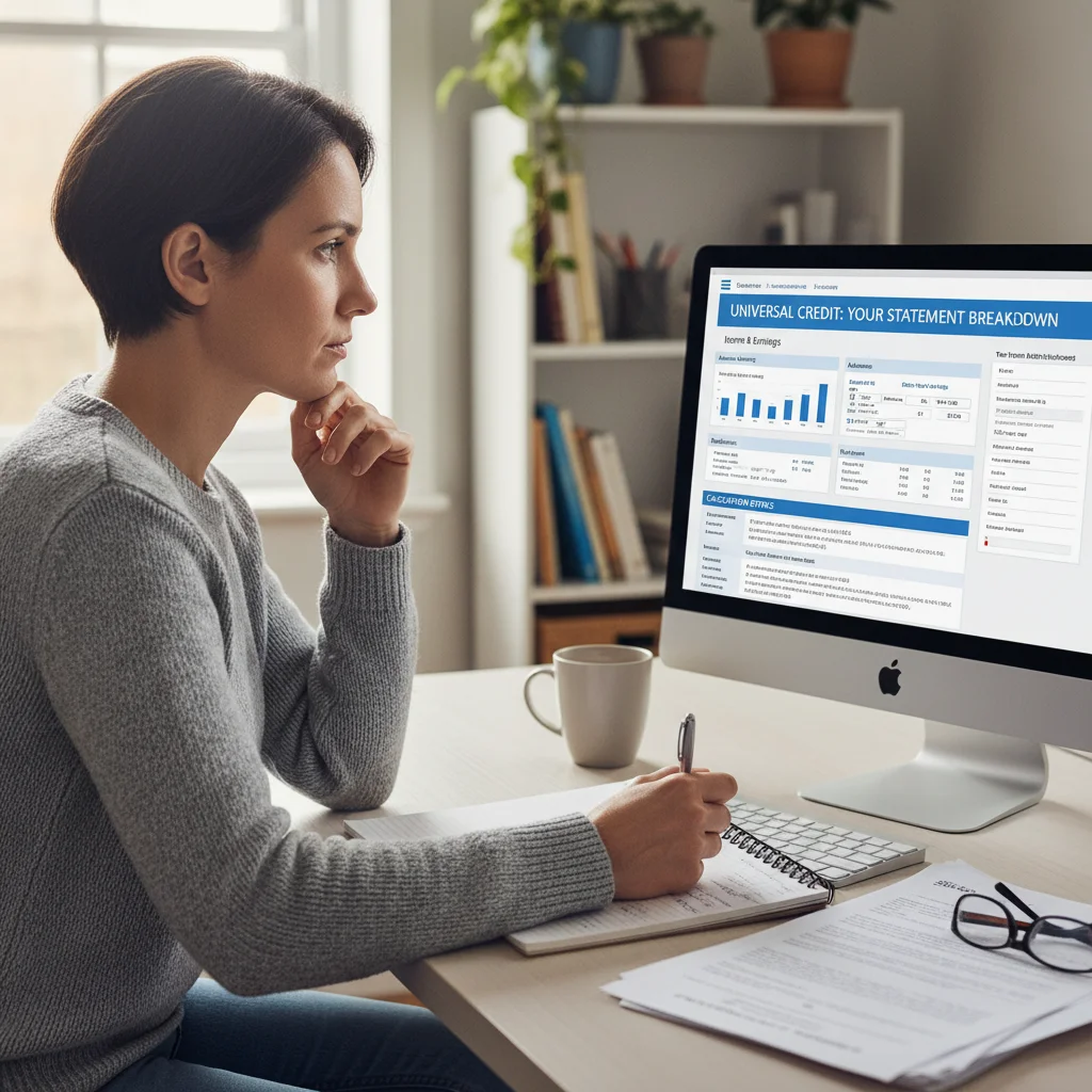 Person reviewing Universal Credit financial statement on computer screen.
