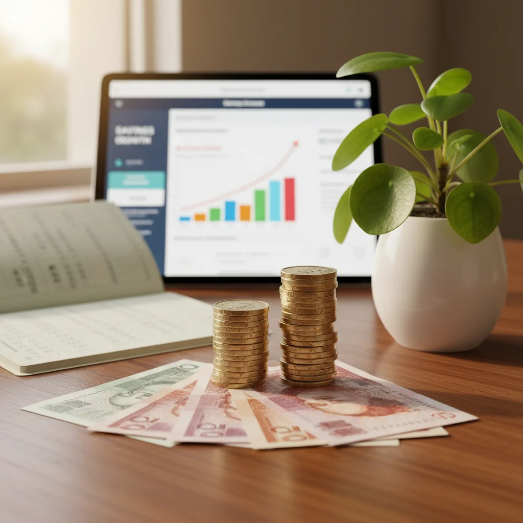 Savings passbook and British currency, symbolizing growth in savings.