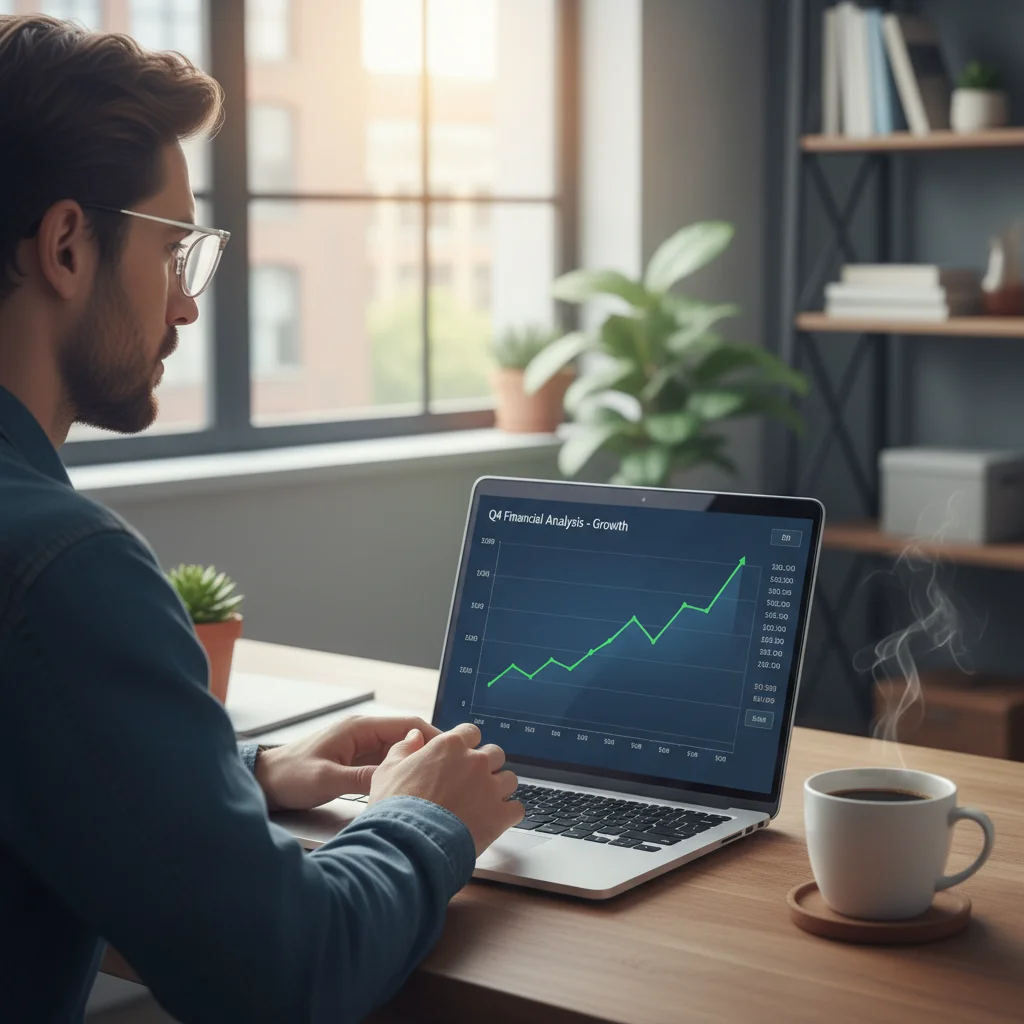 Self-employed individual reviewing financial data on a laptop.
