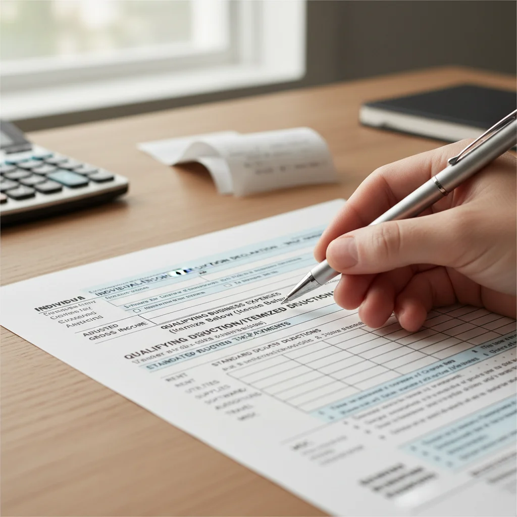 Hand filling out a tax form for self-employed income.