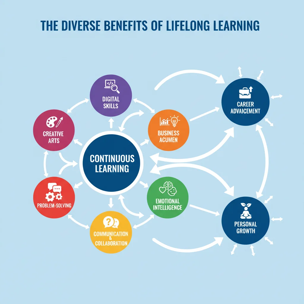 Infographic showing diverse skill categories connecting to career advancement and personal growth through lifelong learning.